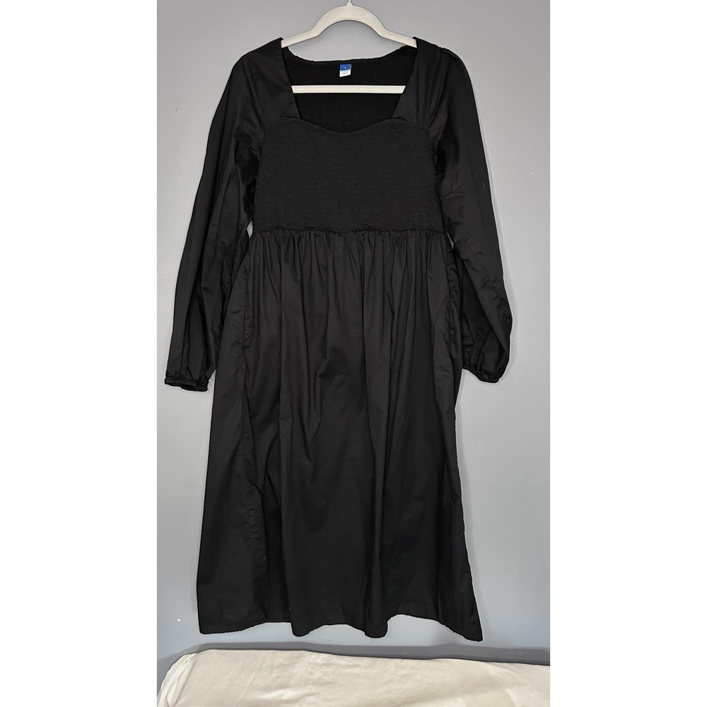 Old Navy Dress Womens L Black Smocked Square Neck Fit & Flare Midi Boho Milkmaid